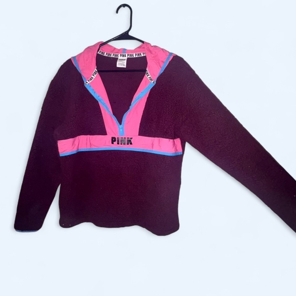PINK Victoria’s Secret Burgundy Sherpa Hoodie Half Zip Pullover - Size S